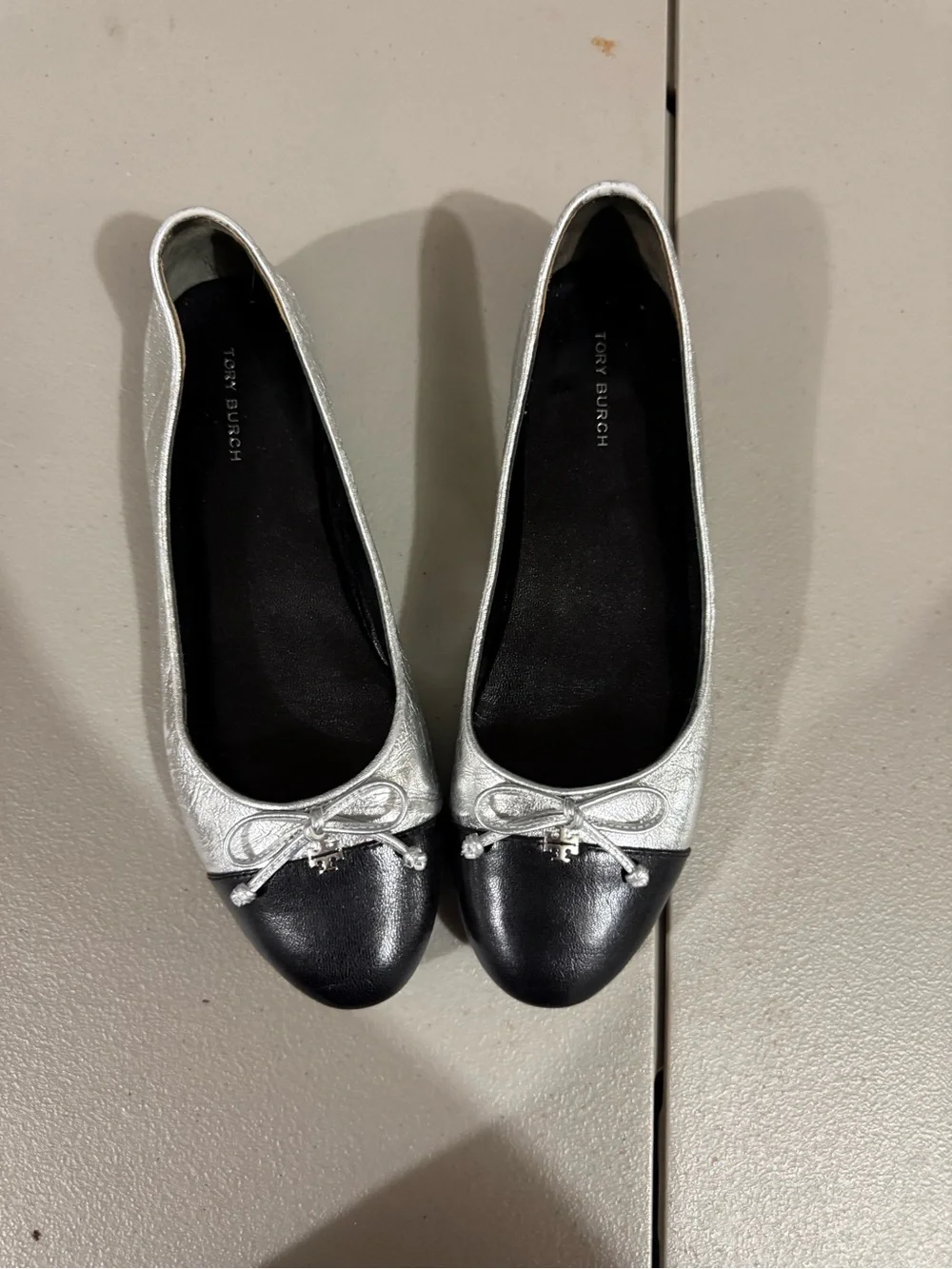 Tory Burch Silver and Black Cap-Toe Ballet Flats